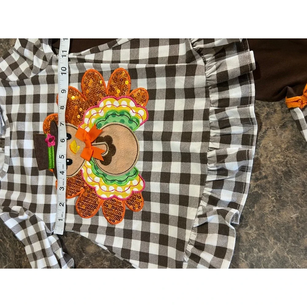 Rare Editions Brown Gingham Turkey Sequin Tunic & Leggings Set 4T thanksgiving